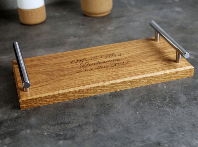 Personalised Oak Tray with Chrome Handles | 140 X 300